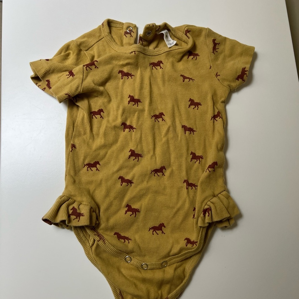 kate quinn Mustard Yellow Baby One-Piece with Rust Horse Print